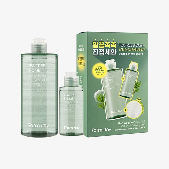 FarmStay Tea Tree Biome Calming Cleansing Water Special Set (400ml+100ml) + 20ea Cotton Pads